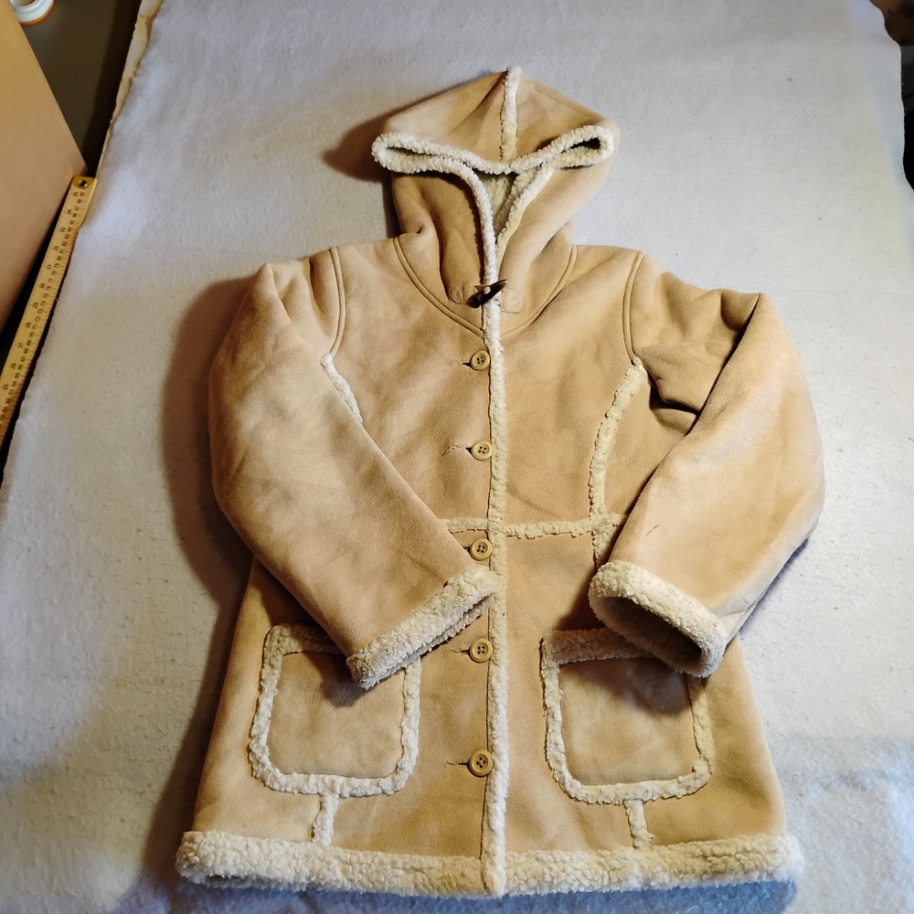 LL Bean Girls Tan Faux‎ Shearling Hooded Coat Sherpa Lined Size M 10-12 DBG1